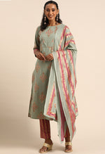 Load image into Gallery viewer, Sage Green Pure Cambric Cotton Jaipuri Printed Kurta Set With Dupatta
