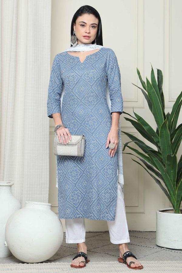 Grey And White  Pure Cambric Cotton Printed Kurta Set With Dupatta