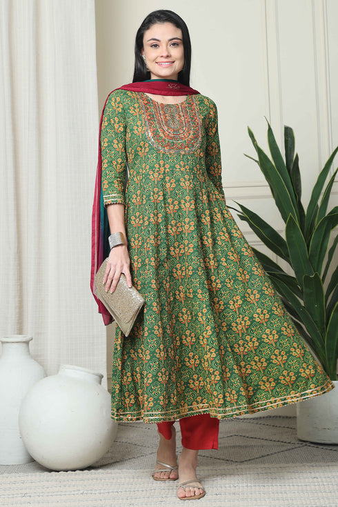 Green & Red Pure Cambric Cotton Embroidered Kurta Set With Dupatta