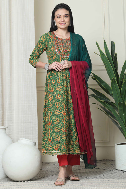 Green & Red Pure Cambric Cotton Embroidered Kurta Set With Dupatta