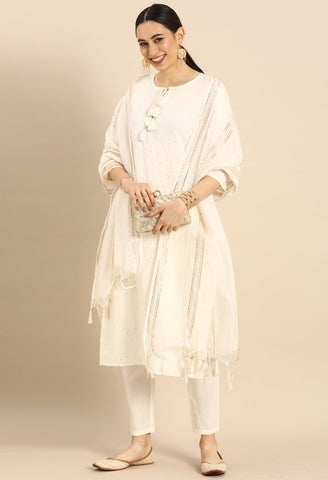 Off-White Pure Cambric Cotton Floral Embroidered Kurta Set With Dupatta