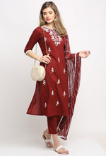 Load image into Gallery viewer, Wine Pure Cambric Cotton Floral Embroidered Kurta Set With Dupatta
