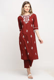 Wine Pure Cambric Cotton Floral Embroidered Kurta Set With Dupatta