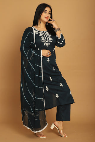 Navy Blue Pure Cambric Cotton Embroidered Plus Size Kurta & Pant With Dupatta