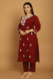 Wine Pure Cambric Cotton Embroidered Plus Size Kurta & Pant With Dupatta