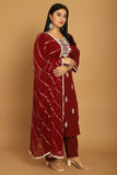 Wine Pure Cambric Cotton Embroidered Plus Size Kurta & Pant With Dupatta