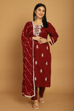 Wine Pure Cambric Cotton Embroidered Plus Size Kurta & Pant With Dupatta