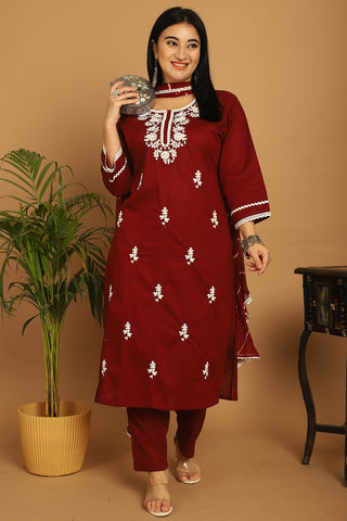 Wine Pure Cambric Cotton Embroidered Plus Size Kurta & Pant With Dupatta