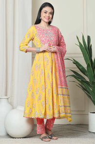 Yellow And Pink Pure Cambric Cotton Floral Embroidered Kurta Set With Dupatta