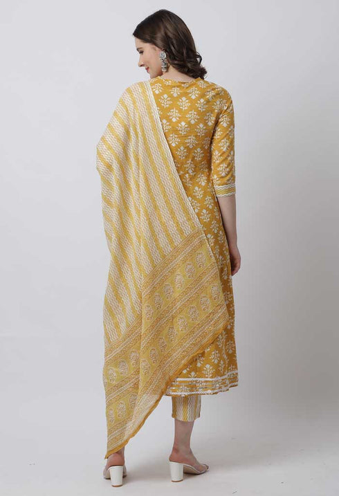 Pure Cambric Cotton Jaipuri Printed & Embroidered Kurta Set With Dupatta