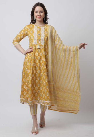 Pure Cambric Cotton Jaipuri Printed & Embroidered Kurta Set With Dupatta