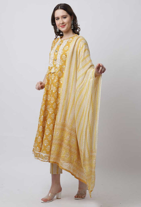 Pure Cambric Cotton Jaipuri Printed & Embroidered Kurta Set With Dupatta