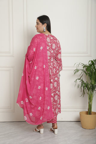 Pink Pure Cotton Jaipuri Printed & Embroidered Plus Size Kurta & Pant With Dupatta