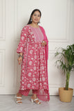 Pink Pure Cotton Jaipuri Printed & Embroidered Plus Size Kurta & Pant With Dupatta