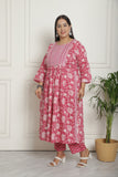 Pink Pure Cotton Jaipuri Printed & Embroidered Plus Size Kurta & Pant With Dupatta