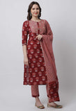 Pure Cambric Cotton Jaipuri Printed & Embroidered Kurta Set With Dupatta