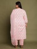 White & Pink Pure Cotton Jaipuri Printed & Embroidered Plus Size Kurta & Pant With Dupatta