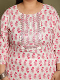 White & Pink Pure Cotton Jaipuri Printed & Embroidered Plus Size Kurta & Pant With Dupatta