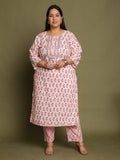 White & Pink Pure Cotton Jaipuri Printed & Embroidered Plus Size Kurta & Pant With Dupatta