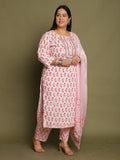 White & Pink Pure Cotton Jaipuri Printed & Embroidered Plus Size Kurta & Pant With Dupatta