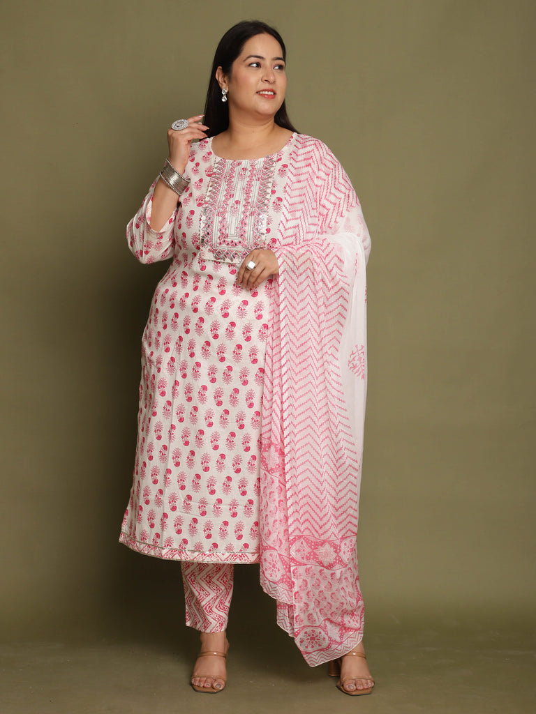 White & Pink Pure Cotton Jaipuri Printed & Embroidered Plus Size Kurta & Pant With Dupatta