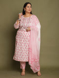 White & Pink Pure Cotton Jaipuri Printed & Embroidered Plus Size Kurta & Pant With Dupatta