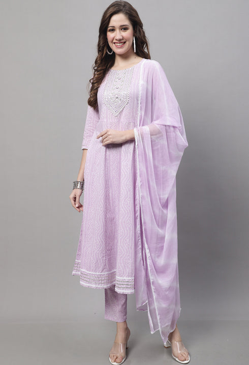 Pure Cambric Cotton Jaipuri Printed & Embroidered Kurta Set With Dupatta