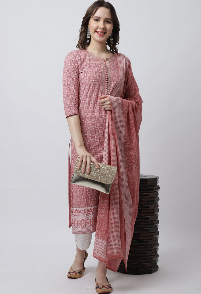 Pure Cambric Cotton Jaipuri Printed Kurta Set With Dupatta