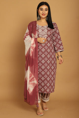 Light Purple Pure Cotton Embroidered Plus Size Kurta & Pant With Dupatta