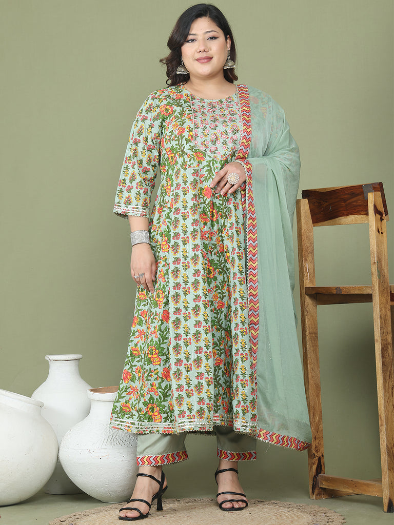 Pista Green Pure Cotton Embroidered Plus Size Kurta & Pant With Dupatta