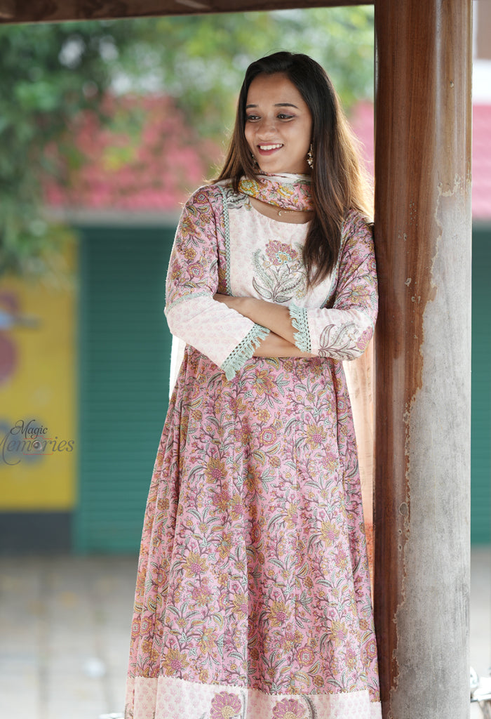 Pure Cotton Jaipuri Printed And Embroidered Kurta Set With Dupatta