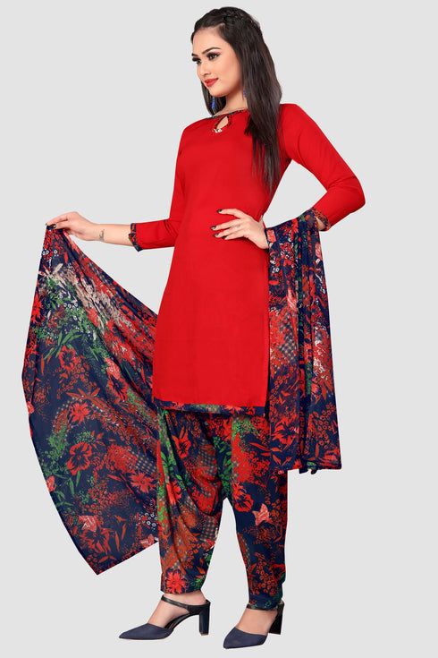 Red Crepe Printed Unstitched Salwar Suit Material