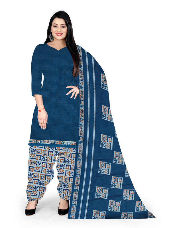 Blue Cotton Blend Printed Unstitched Salwar Suit Material