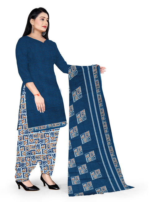 Blue Cotton Blend Printed Unstitched Salwar Suit Material