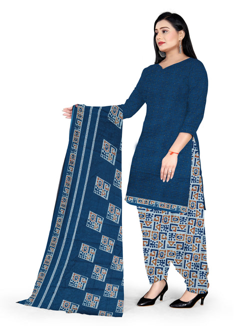 Blue Cotton Blend Printed Unstitched Salwar Suit Material