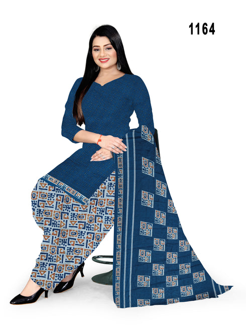 Blue Cotton Blend Printed Unstitched Salwar Suit Material