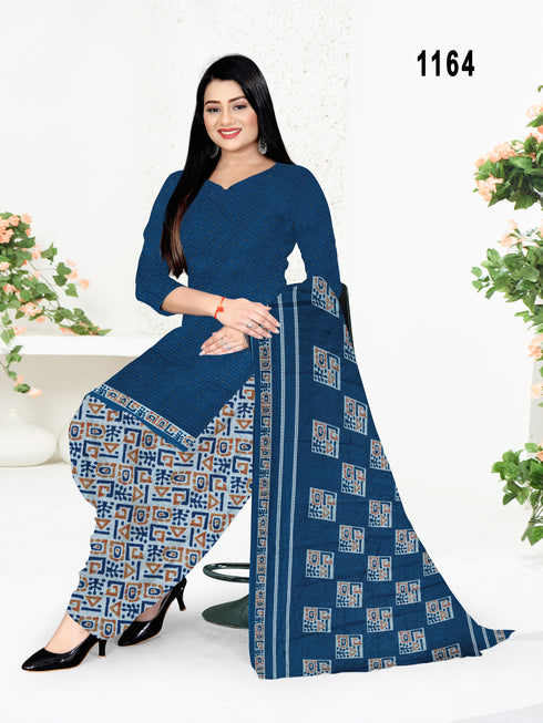 Blue Cotton Blend Printed Unstitched Salwar Suit Material