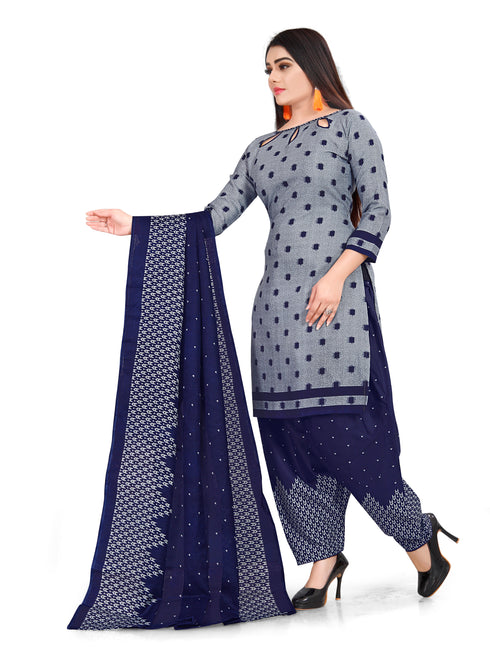Grey Cotton Blend Printed Unstitched Salwar Suit Material