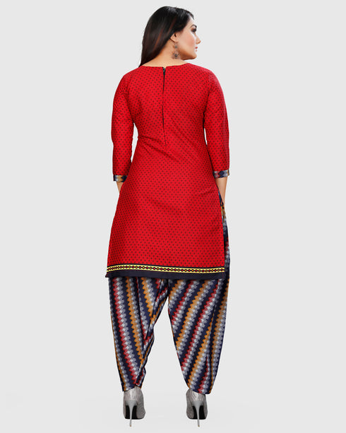 Red Cotton Blend Printed Unstitched Salwar Suit Material