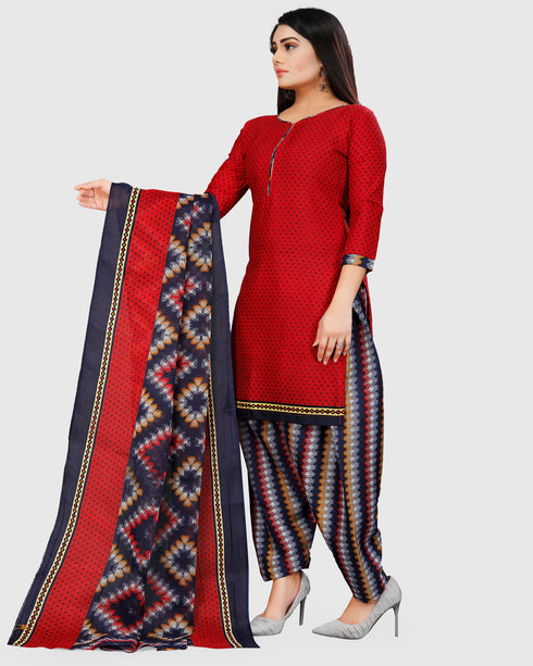 Red Cotton Blend Printed Unstitched Salwar Suit Material