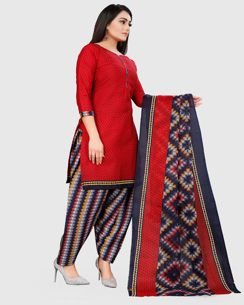 Red Cotton Blend Printed Unstitched Salwar Suit Material