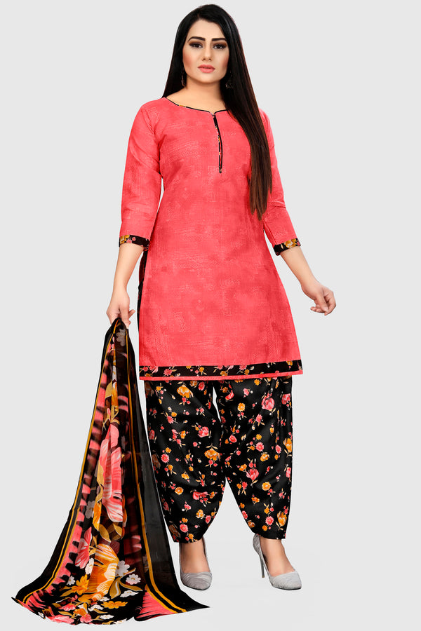 Peach Cotton Blend Printed Unstitched Salwar Suit Material