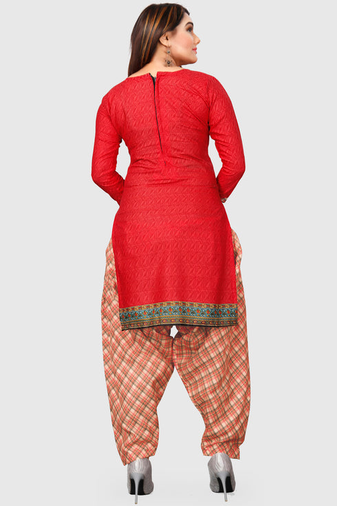 Red Cotton Blend Printed Unstitched Salwar Suit Material