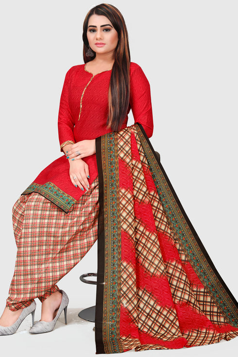 Red Cotton Blend Printed Unstitched Salwar Suit Material