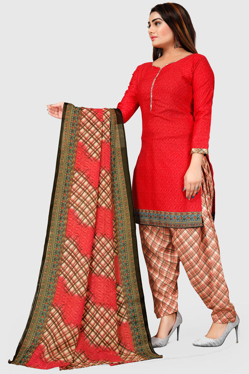 Red Cotton Blend Printed Unstitched Salwar Suit Material