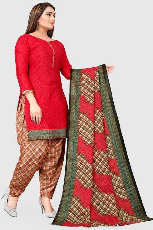 Red Cotton Blend Printed Unstitched Salwar Suit Material