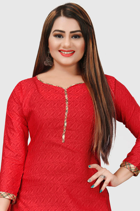 Red Cotton Blend Printed Unstitched Salwar Suit Material