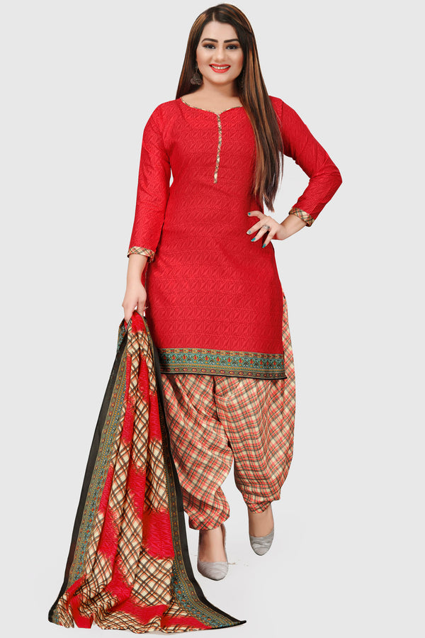 Red Cotton Blend Printed Unstitched Salwar Suit Material