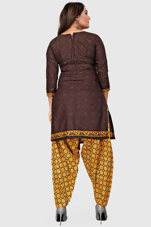 Brown Cotton Blend Printed Unstitched Salwar Suit Material