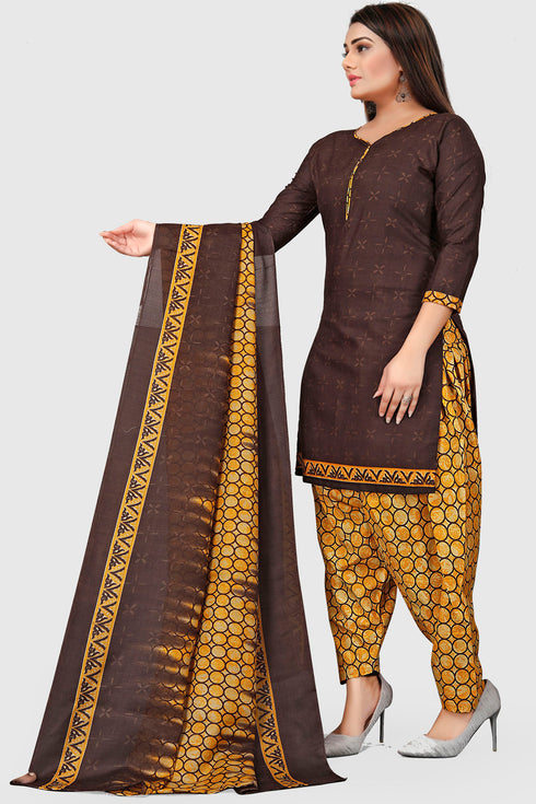 Brown Cotton Blend Printed Unstitched Salwar Suit Material